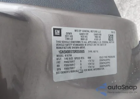 2013 Chevrolet Tahoe Lt z USA, uszkodzony, nr VIN 1GNSKBE07DR350905